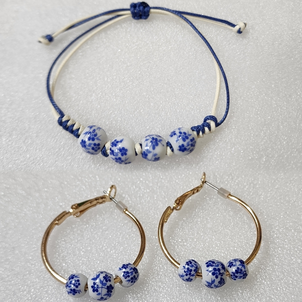 Set of Ceramic Bead Bracelet and Hoop Earrings Blue White Floral Chinoiserie